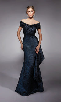 Navy Off Shoulder Jacquard Gown - AP-27774