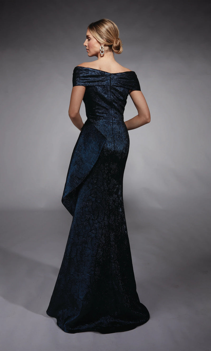 Navy Off Shoulder Jacquard Gown - AP-27774