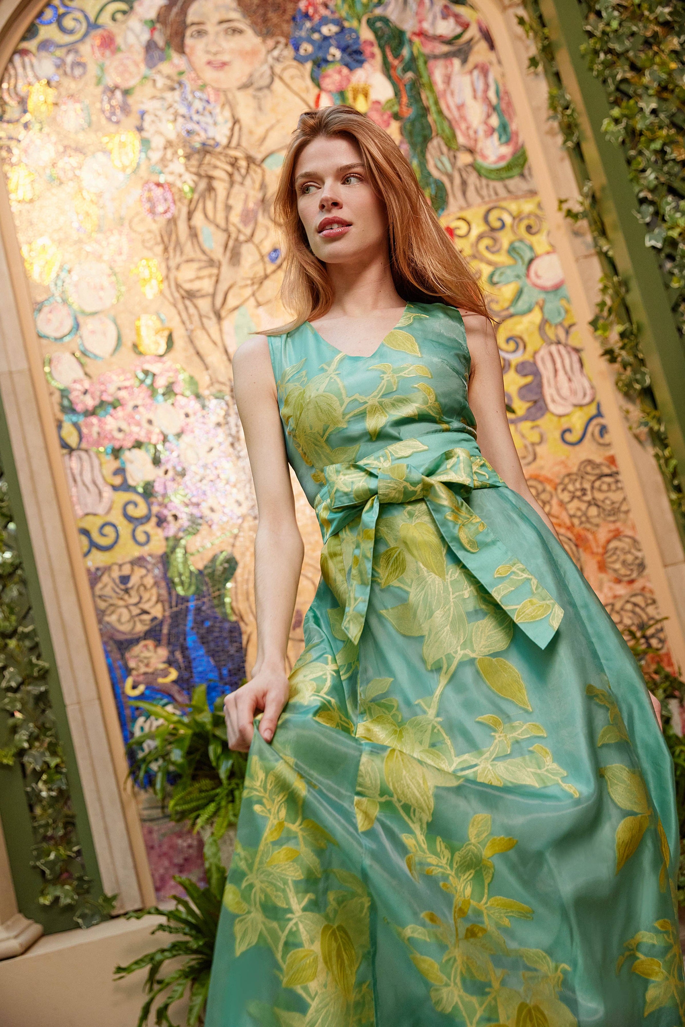 green leaf dress sheer gown flowing into a midi BANYAN LONG SLEEVE DRESS-GREEN LEAF