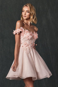 3D Floral Short Off Shoulder Dress | Blush