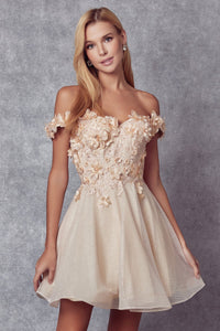 3D Floral Short Off Shoulder Dress | Champagne