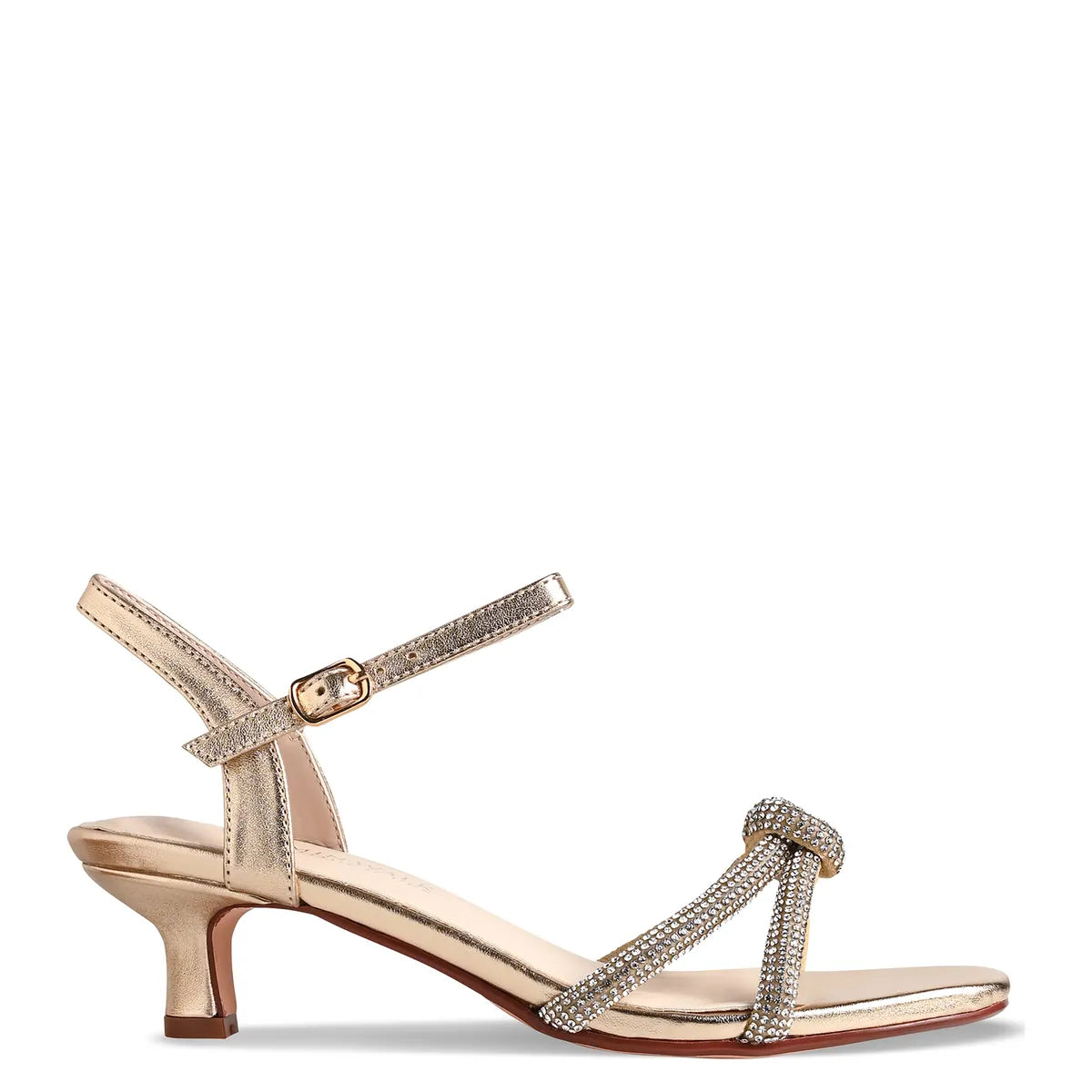 A stylish gold kitten heel sandal featuring a strappy design and a shimmering glitter finish. With a comfortable 1.