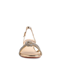 The Talulah Gold Kitten Heel features a stylish strappy design with intricate embellishments and a comfortable 1.75-inch heel.