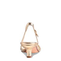 Back view of the Talulah Gold Kitten Heel, showcasing its shiny golden finish and stylish ankle strap.