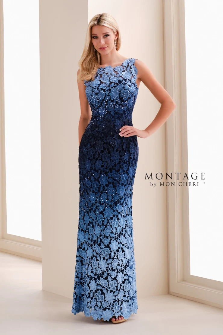 A stunning sleeveless ombre gown featuring intricate Venise lace in navy and light blue tones, perfect for special occasions like a mother of the bride or gala. Conveniently located near Apex, Cary, and Raleigh for easy shopping.