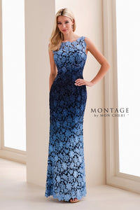 A stunning sleeveless ombre gown featuring intricate Venise lace in navy and light blue tones, perfect for special occasions like a mother of the bride or gala. Conveniently located near Apex, Cary, and Raleigh for easy shopping.