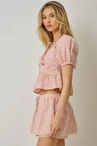Pink Front Knot Eyelet Peplum Blouse