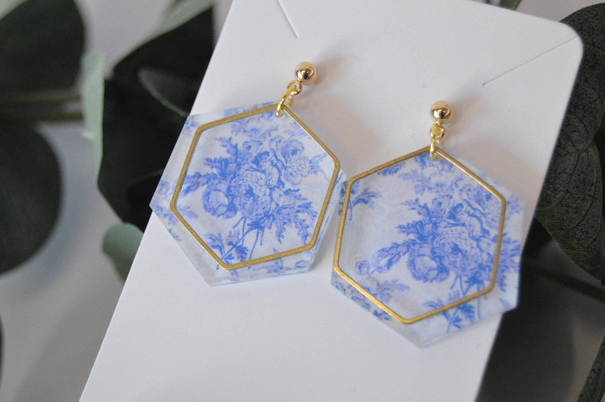 Blue Chinoiserie Hexagon Earrings