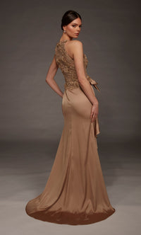 A model showcases an elegant gown featuring a detailed beaded bodice and a flowing, satin skirt in a warm antique gold shade.