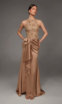 A model showcases an elegant, sleeveless gown featuring a detailed embroidered bodice and a flowing satin skirt in a warm beige tone.