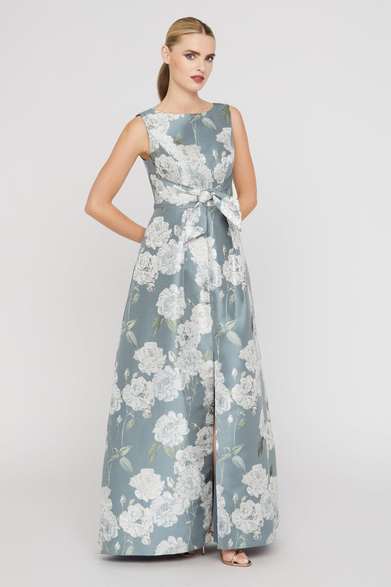 Kay Unger New York Lilianna Sleeveless Pleated Floral-Print Gown, Slate Blue, Women's, 4 Evening Formal Gala Gowns Mother of the Bride Groom