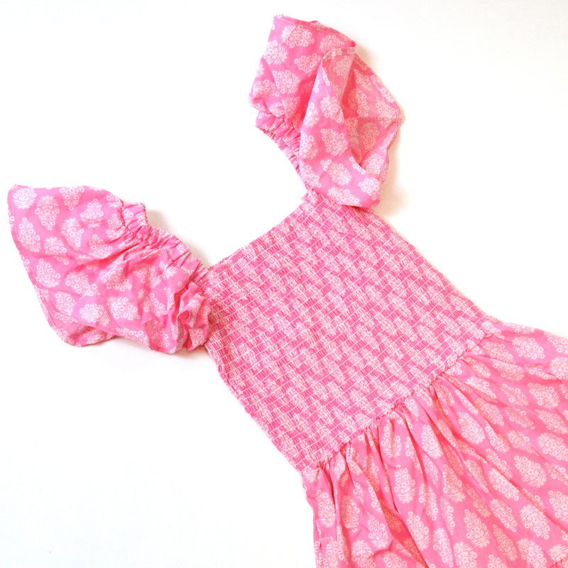 Pink & White Block Print Smocked Dress