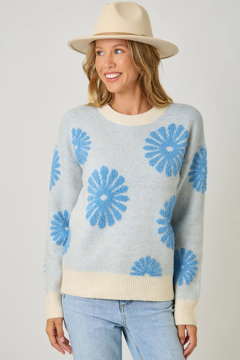 Floral Flocked Sweater | Blue/Oatmeal