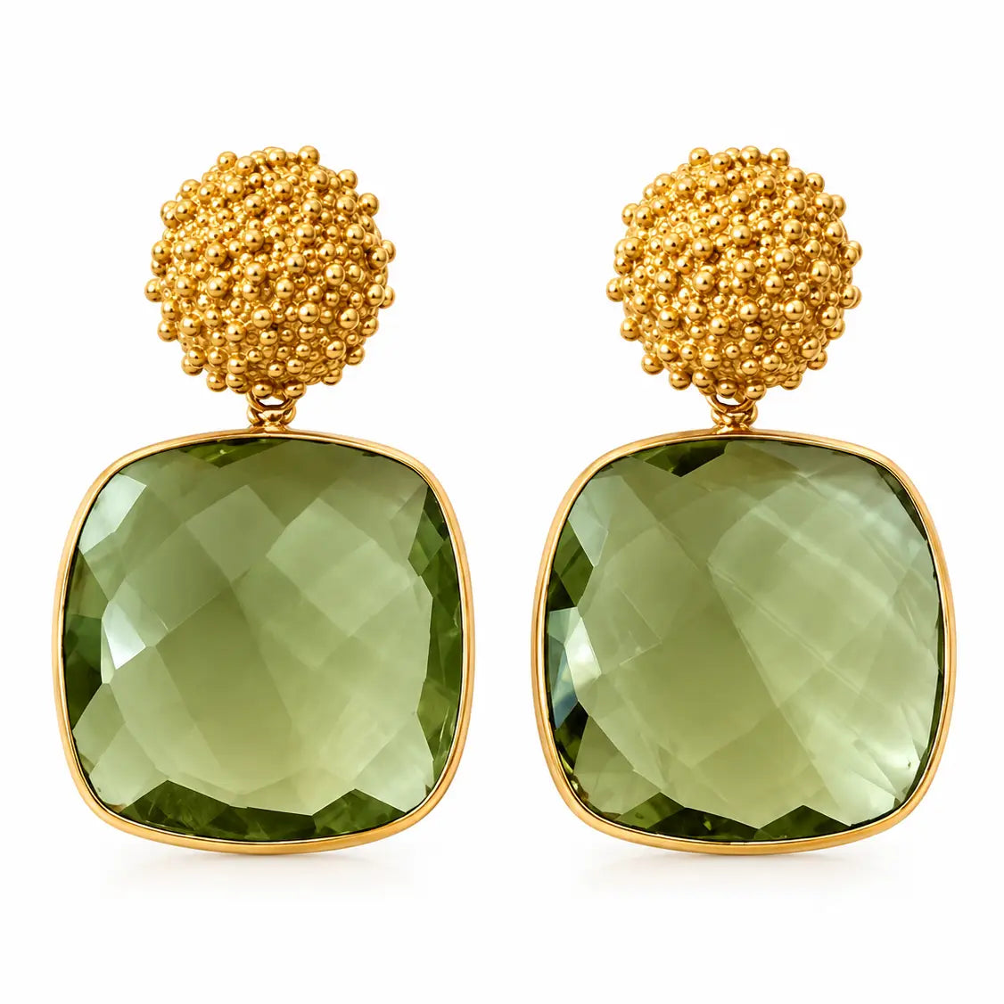 A pair of elegant gold earrings featuring a textured round top and a large square green stone below. These stunning accessories are perfect for special occasions like weddings, galas, or upscale events in the Apex, Cary, and Raleigh areas.
