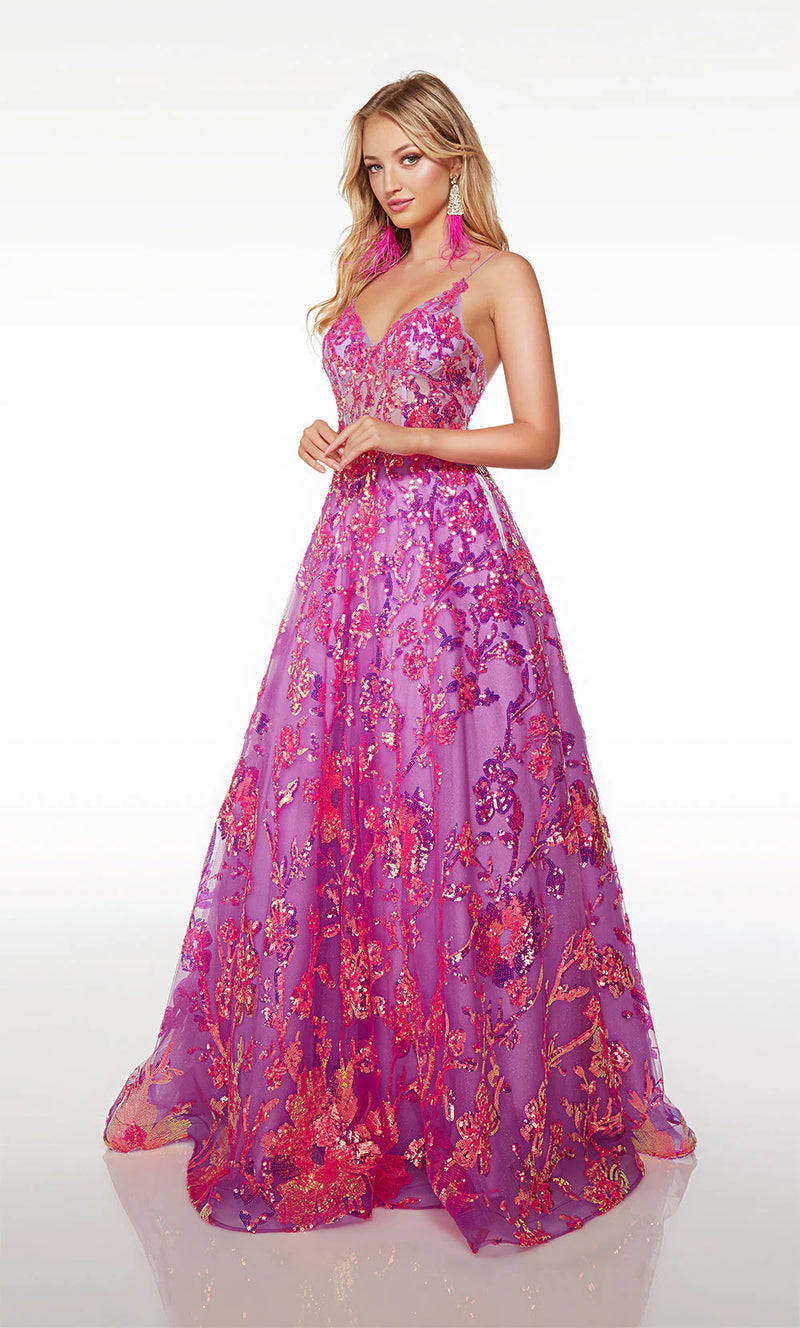 Purple Sequin V-Neck Ball Gown | AP-61516
