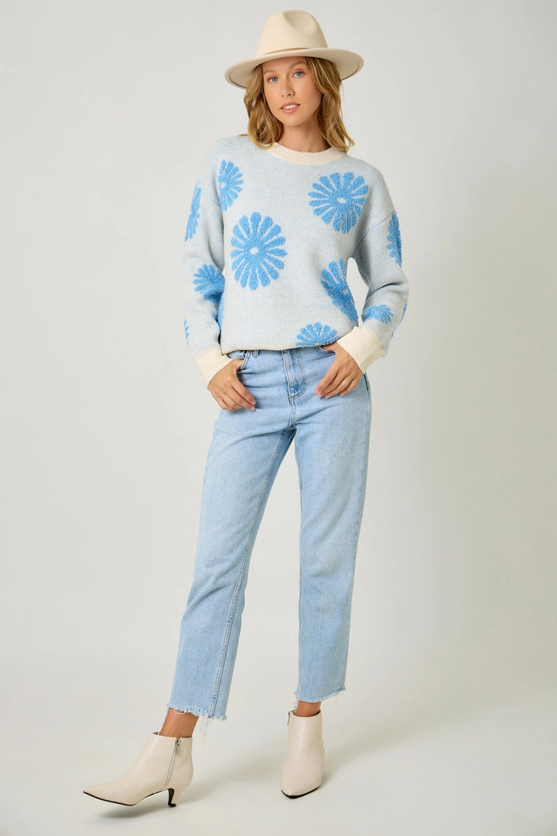 Floral Flocked Sweater | Blue/Oatmeal