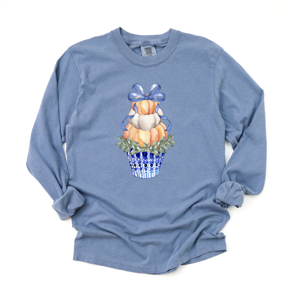 Blue Pumpkin Topiary with Bow Long Sleeve Comfort Colors Tee