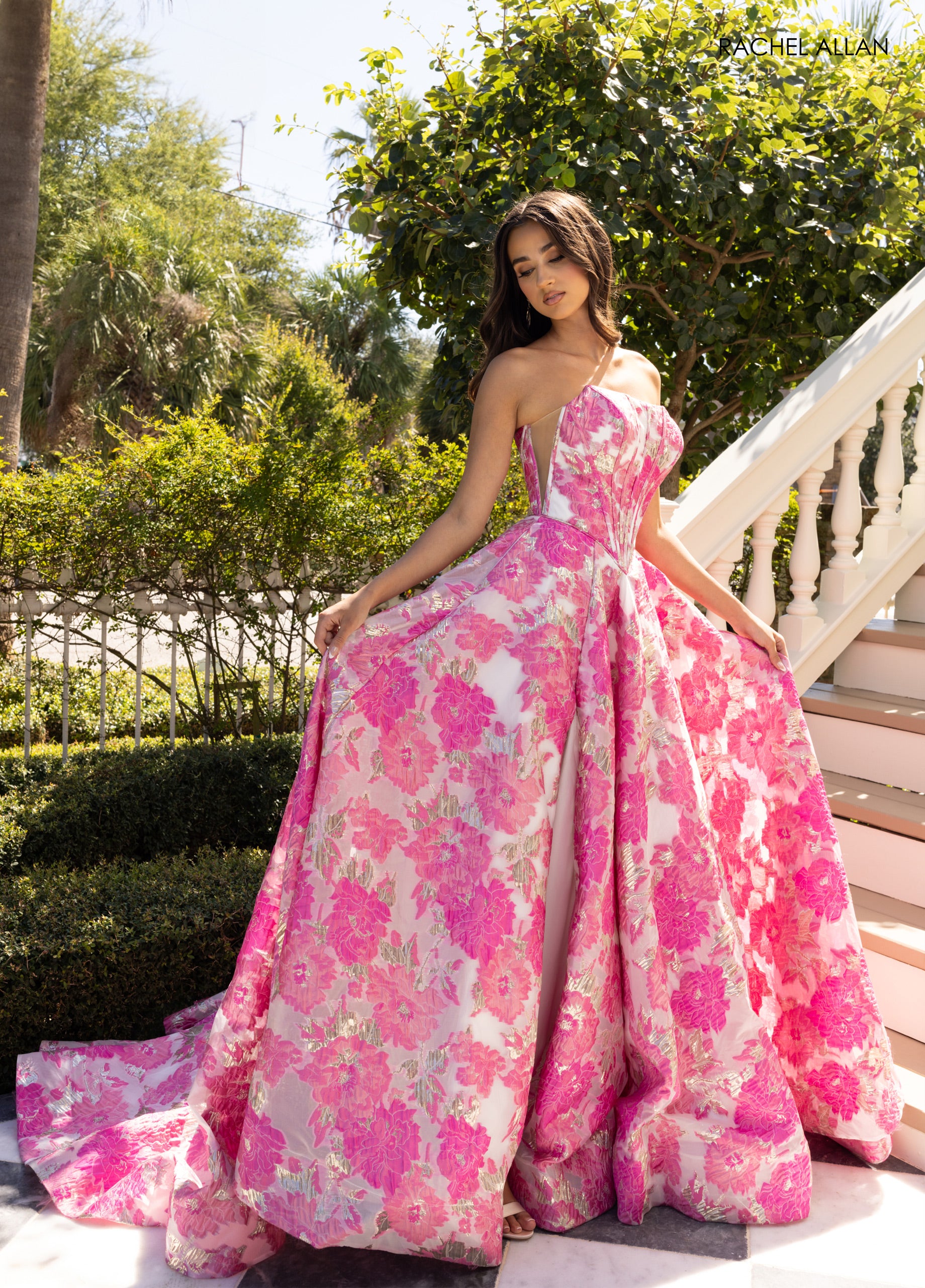 Strapless Pink Jacquard Gown | RA-70975