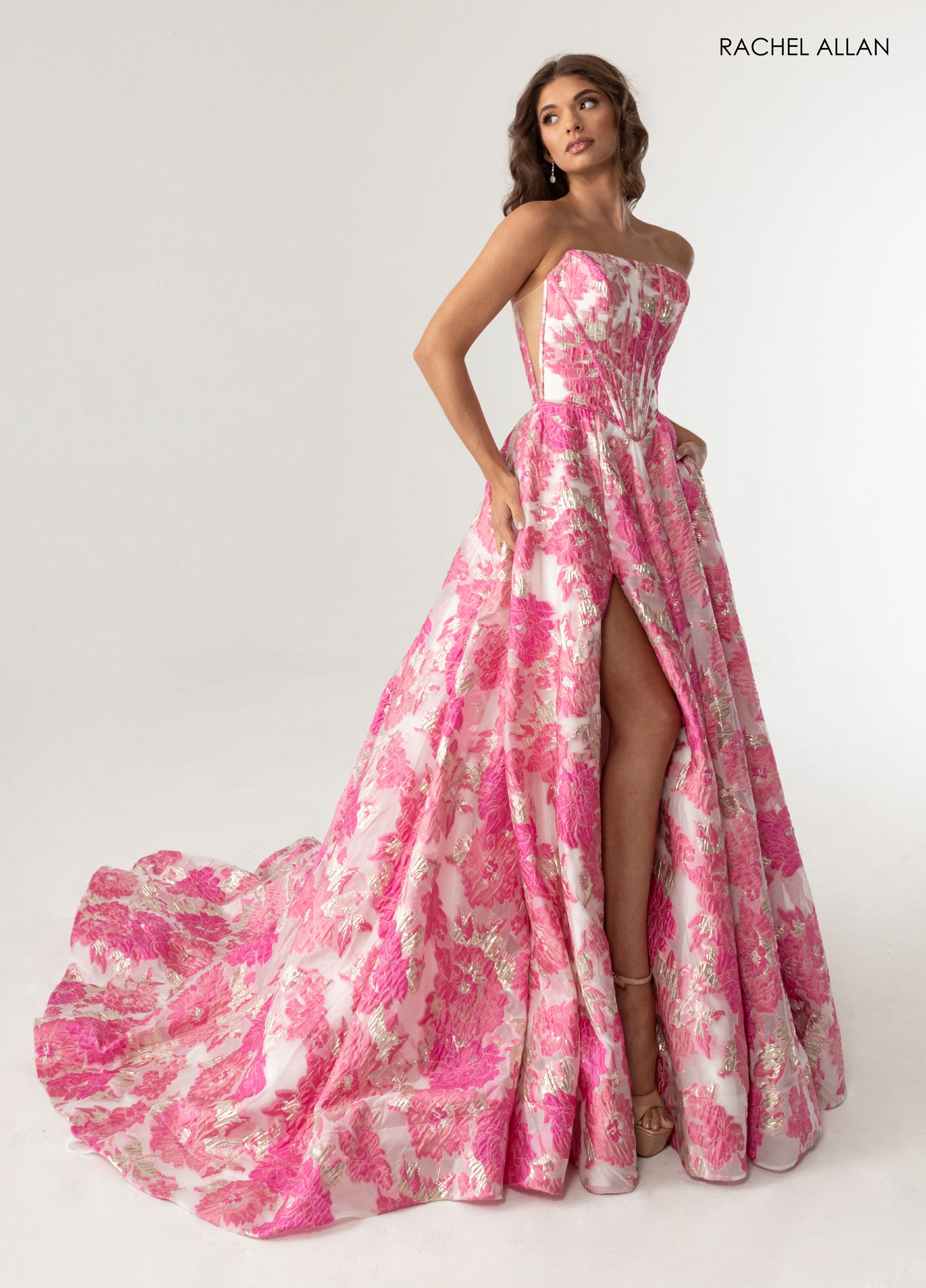 Strapless Pink Jacquard Gown | RA-70975