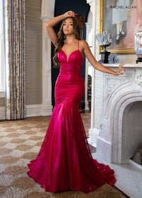 Hot Pink Metallic Ruched Gown | RA-71040