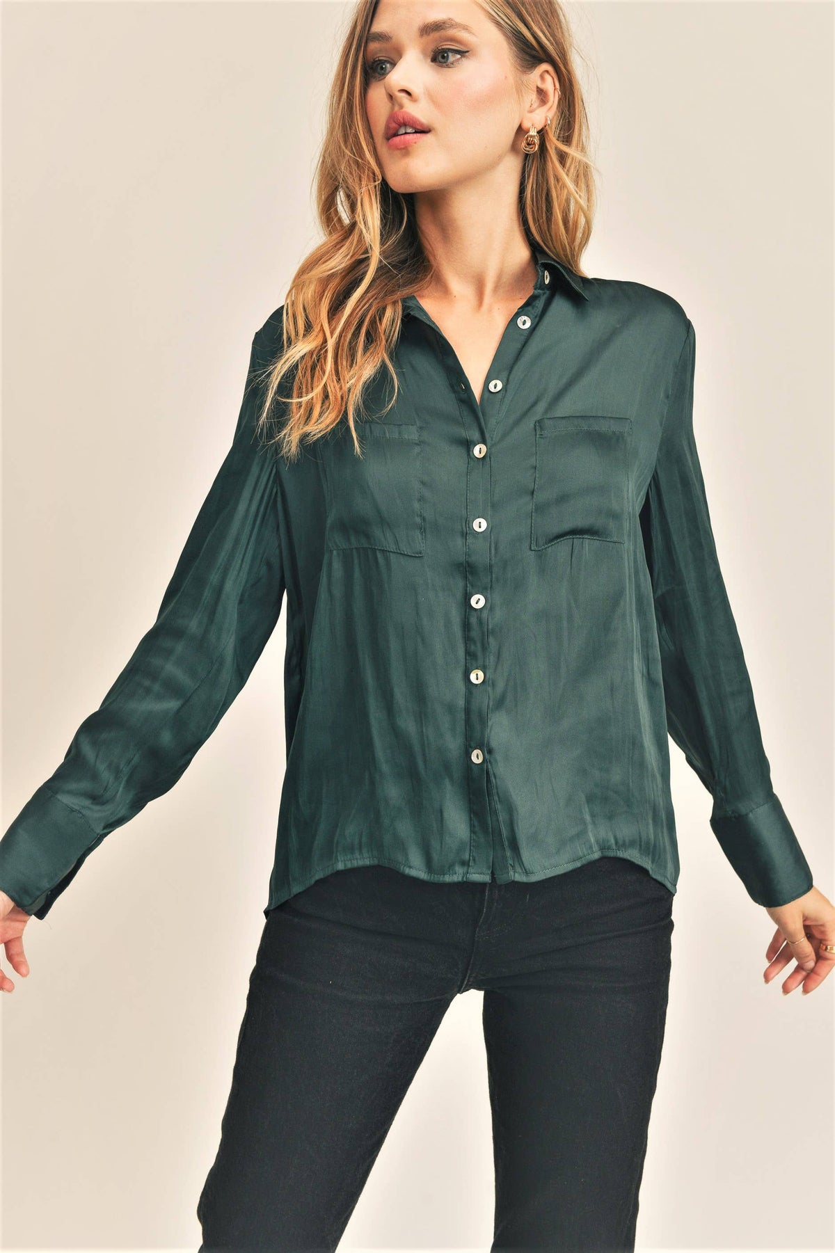 Piper Teal Long Sleeve Silky Blouse