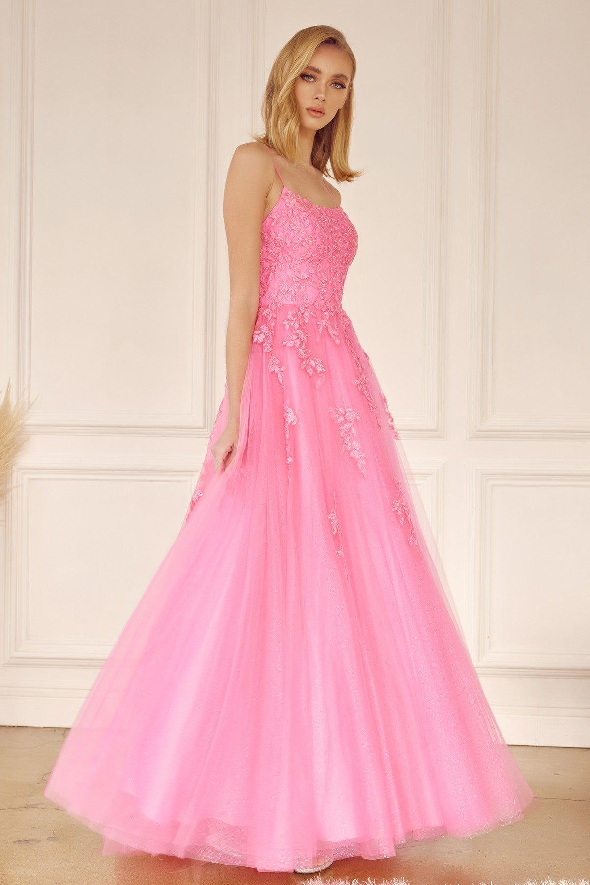 Floral Applique Corset Tulle Gown | Hot Pink