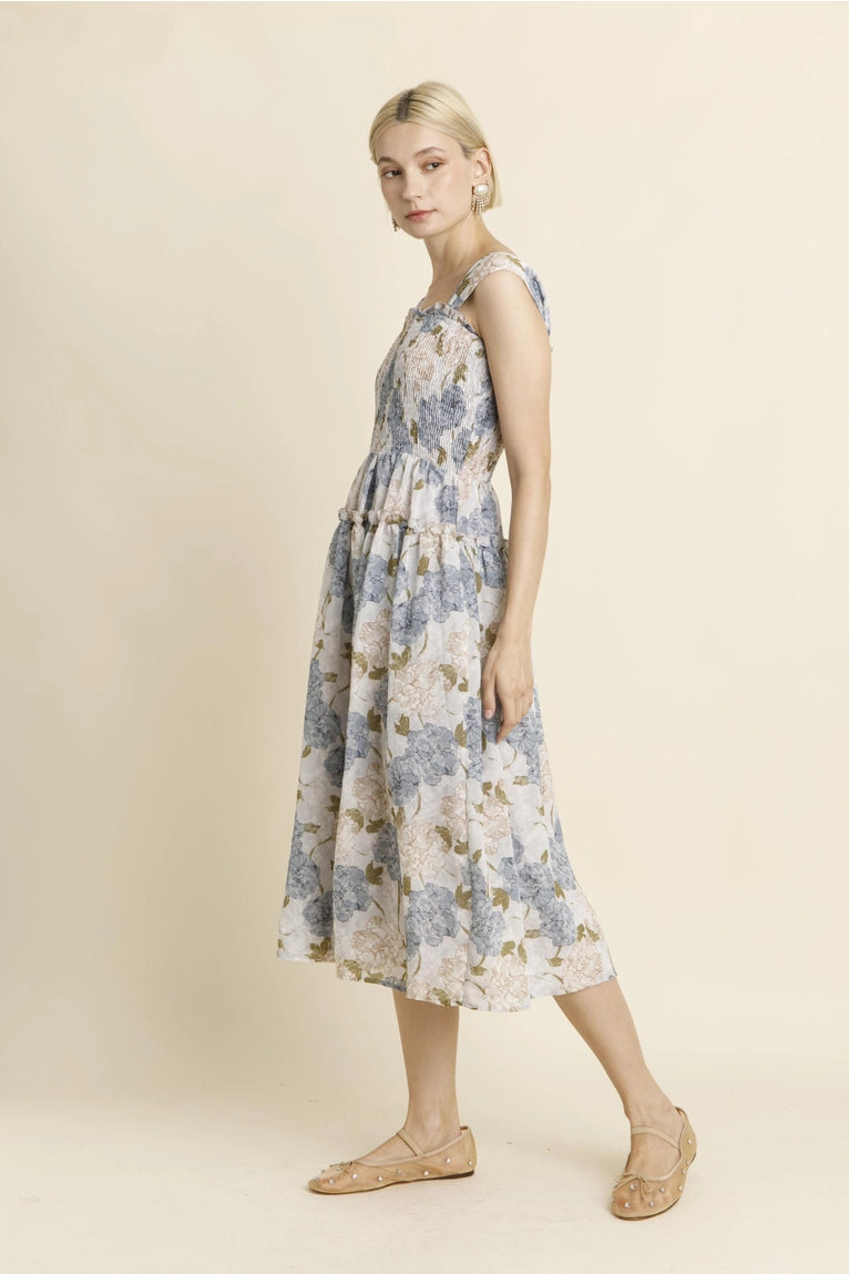 Blue Peony Smocked Midi Dress