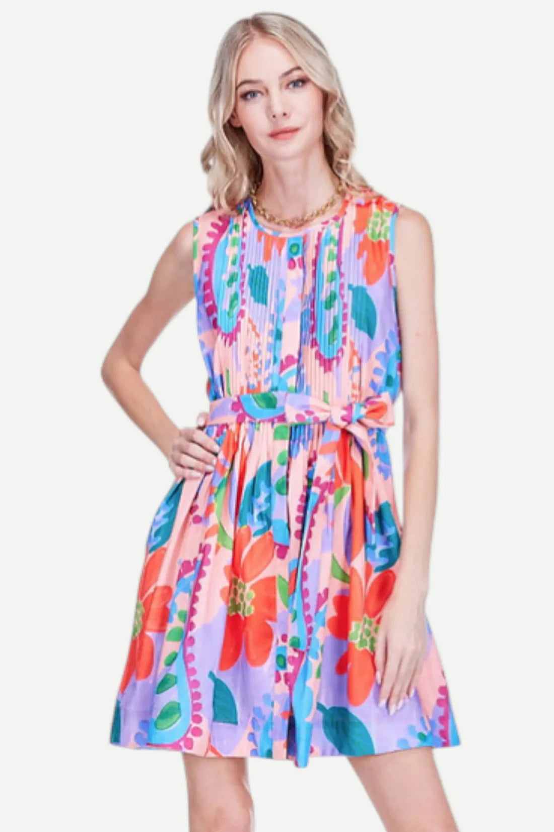 Happy Hibiscus Pleated Mini Dress