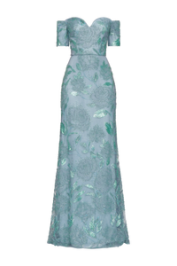 Teal blue off-the-shoulder gown adorned with intricate tonal rose patterns and hand-beaded details, perfect for formal occasions like galas, black tie weddings, or as a stunning mother of the bride dress.