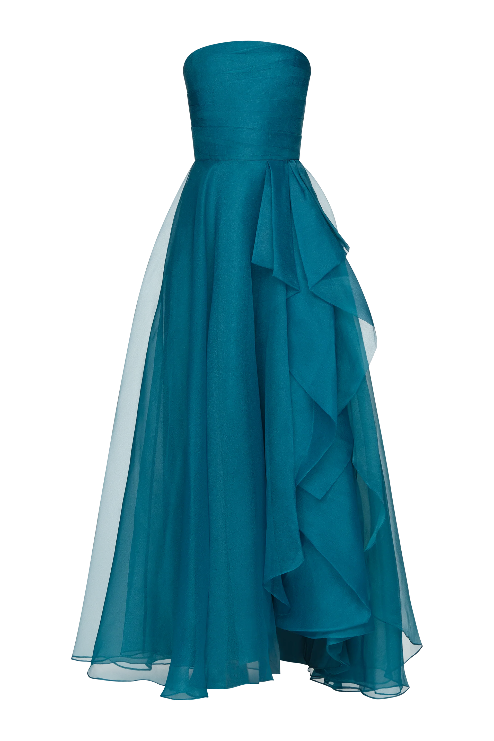 A stunning teal strapless gown featuring a draped design and flowing layers of lightweight organza. Perfect for elegant occasions like proms, galas, or black tie weddings, this dress is conveniently located near Apex, Cary, and Raleigh.