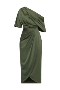 The image features a stylish, one-shoulder draped gown in a rich olive green color, showcasing elegant satin fabric and a flattering silhouette.