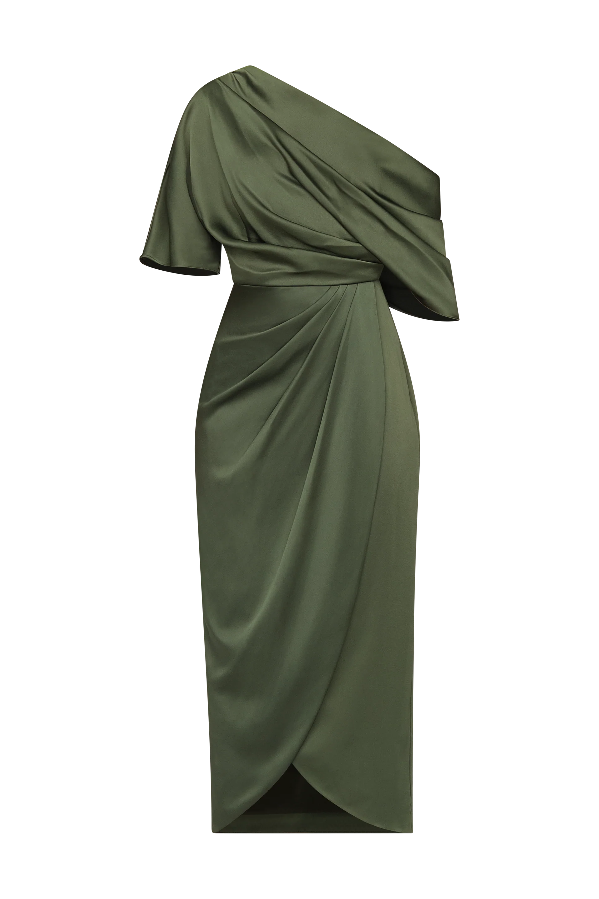 The image features a stylish, one-shoulder draped gown in a rich olive green color, showcasing elegant satin fabric and a flattering silhouette.