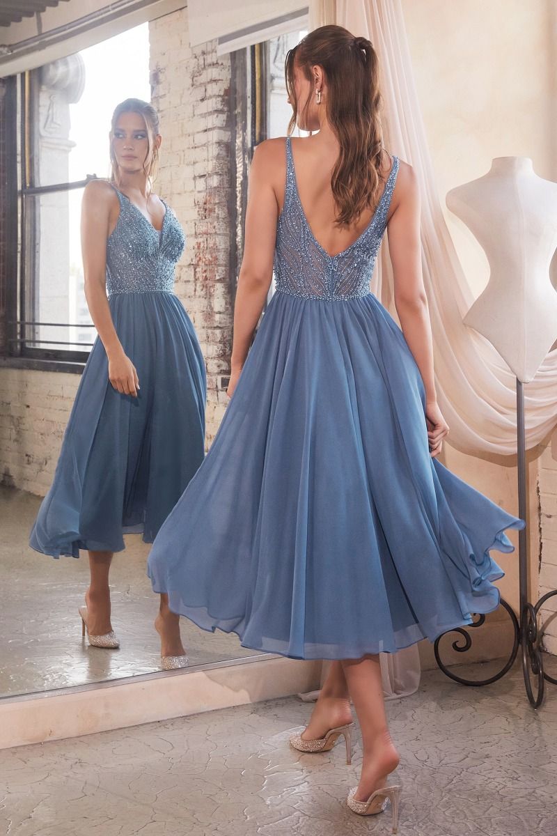 Marion Tea Length Gown - Smoky Blue