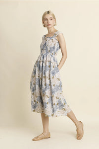 Blue Peony Smocked Midi Dress