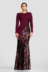 A model showcases a stunning long-sleeve gown in deep plum, featuring intricate floral sequin detailing along the hem.