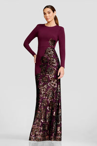 A model showcases a stunning floor-length gown featuring a rich burgundy color with intricate floral sequin detailing along the skirt.