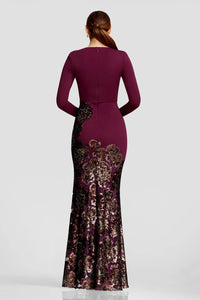 A model showcases a form-fitting, floor-length gown in a rich burgundy color with intricate floral sequin embellishments along the hem.