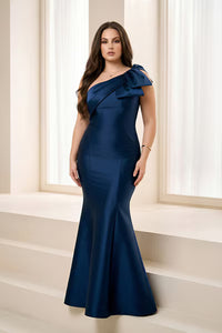 A glamorous navy blue gown features a fitted silhouette with a stylish off-the-shoulder bow detail. Perfect for formal occasions like mother of the bride, galas, or black tie weddings, this elegant dress is conveniently available near.