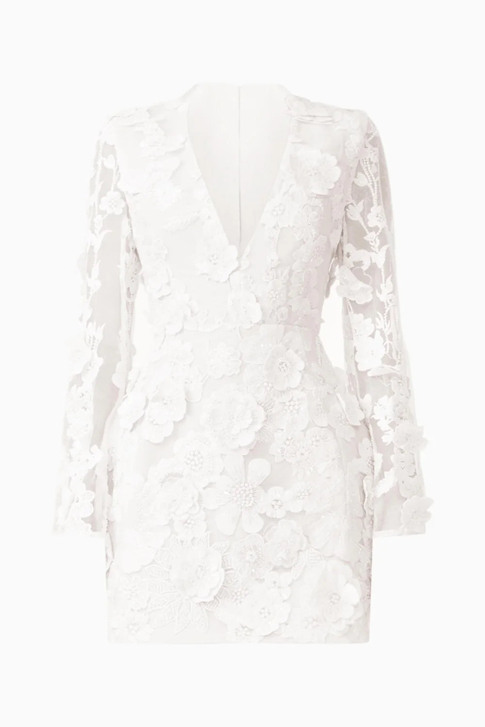 A stunning white mini dress featuring long flared sleeves and a deep V-neckline, elegantly designed with intricate 3D floral embellishments. Perfect for occasions like prom, homecoming, or a gala, available near Apex, Cary, and Raleigh.