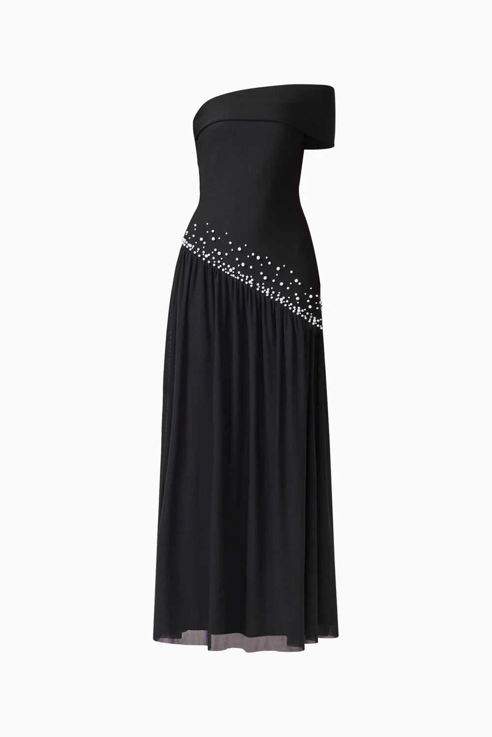 A sleek black off-shoulder gown features a fitted bodice and a flowing skirt adorned with delicate embellishments.