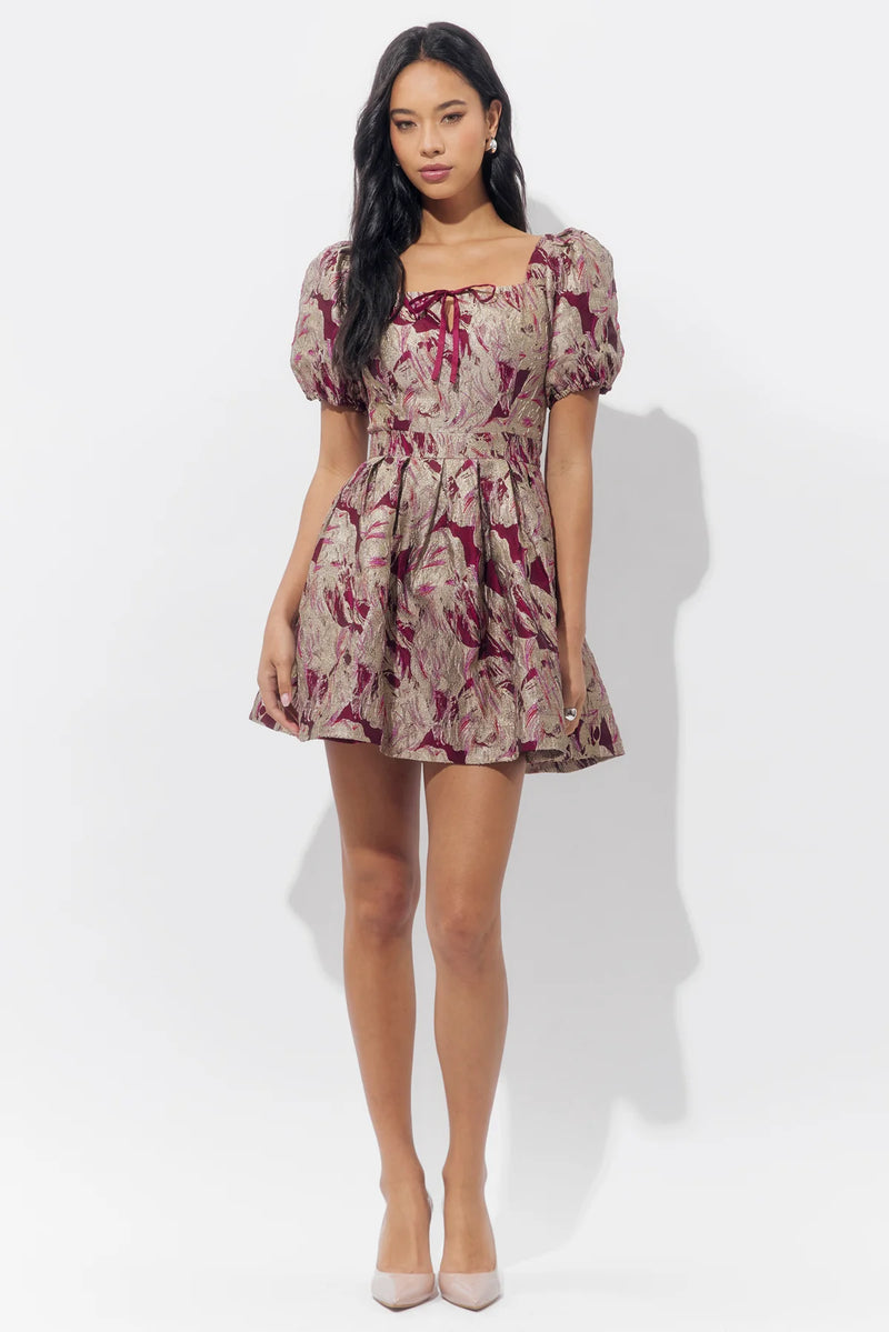 Astella Jacquard Puff Sleeve Mini Dress