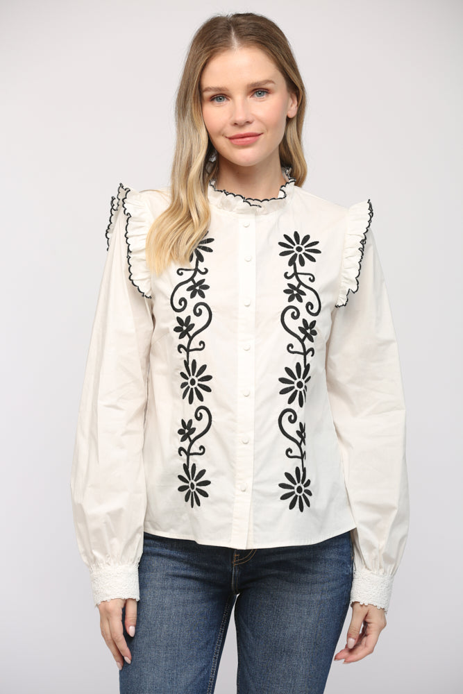 Everly Embroidered Ruffle Trim Blouse