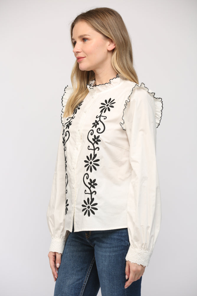 Everly Embroidered Ruffle Trim Blouse