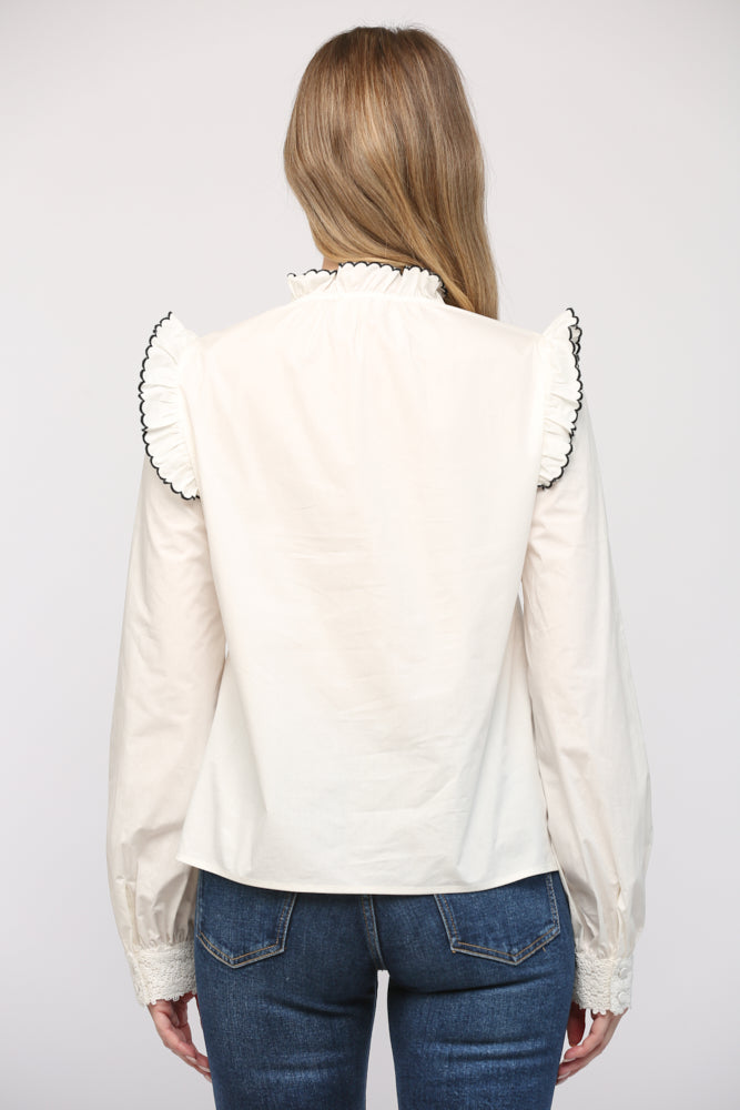 Everly Embroidered Ruffle Trim Blouse