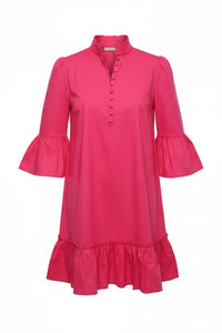 A bright rose mini dress with flounce sleeves and a ruffled hem, featuring a high neckline and button details down the front. Perfect for casual outings like birthday parties or date nights, available near Apex, Cary, and Raleigh.