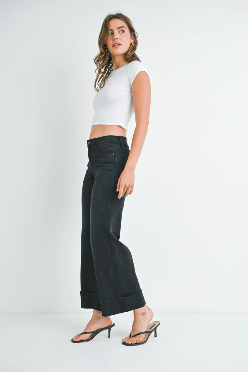 Washed Black Cuffed Palazzo Jeans