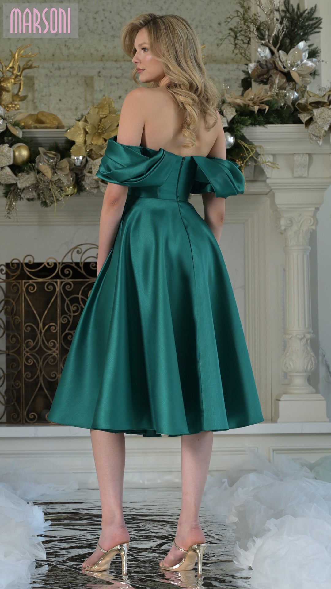 Emerald Tea-Length Sleeved Gown | C-MV1369