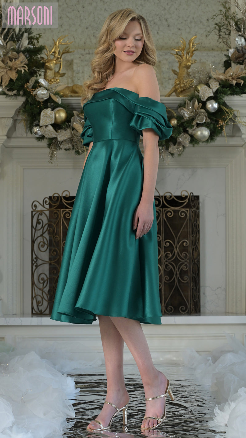 Emerald Tea-Length Sleeved Gown | C-MV1369