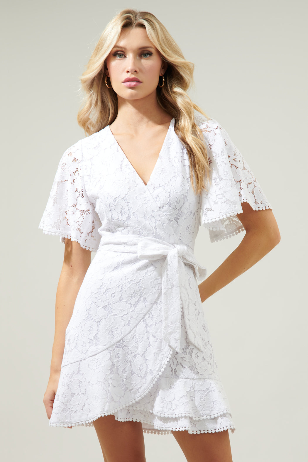 Le Lune Faux Wrap Lace Mini Dress