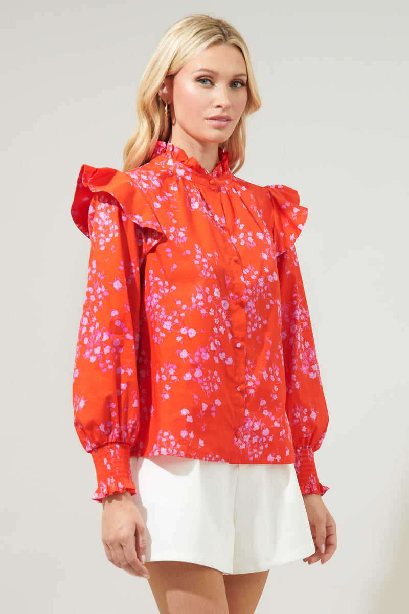 Ibis Floral Button Front Poplin Blouse